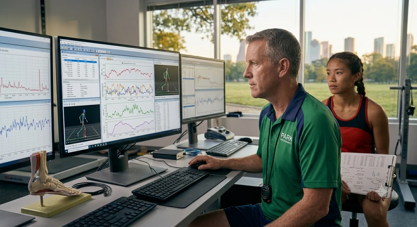 A coach reviewing performance analysis on multiple screens while an athlete waits with a clipboard.